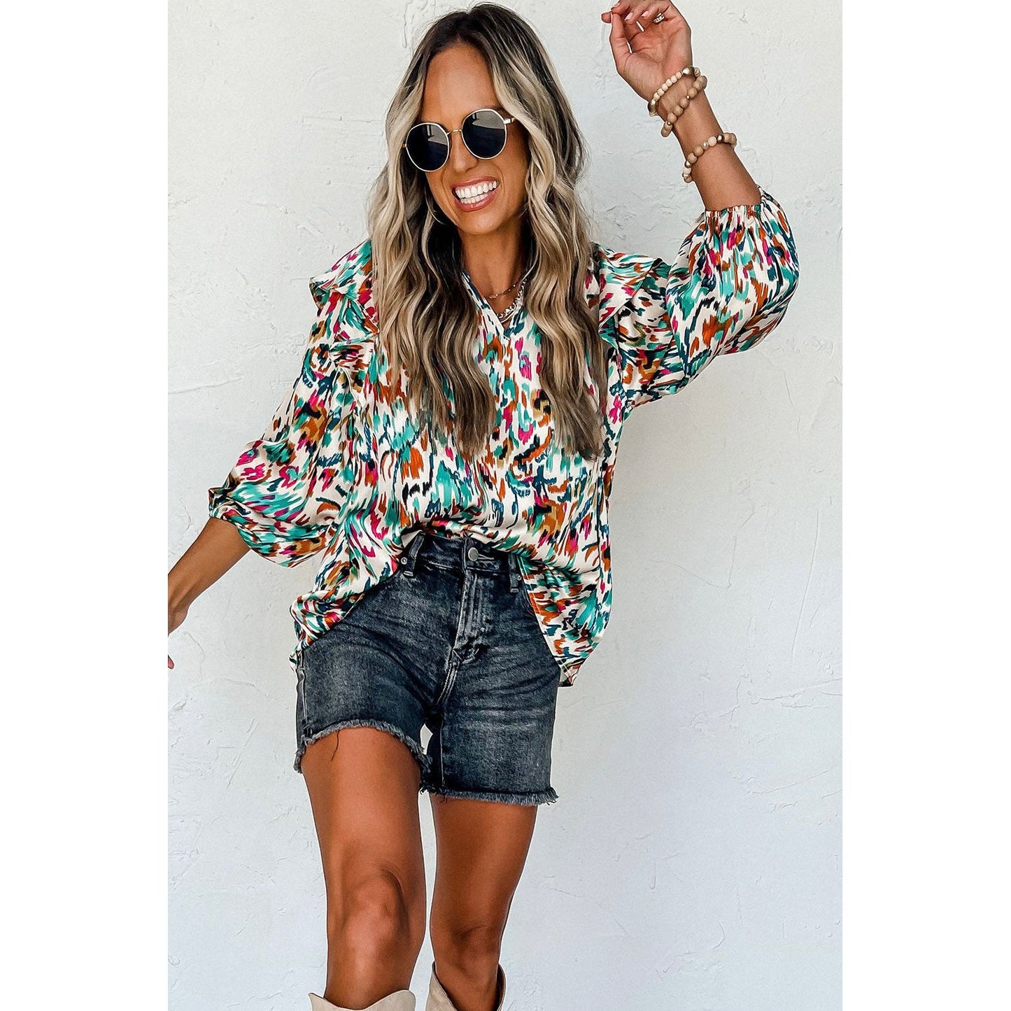 Life Of the Party Abstract Print 3/4 Puff Sleeve Blouse