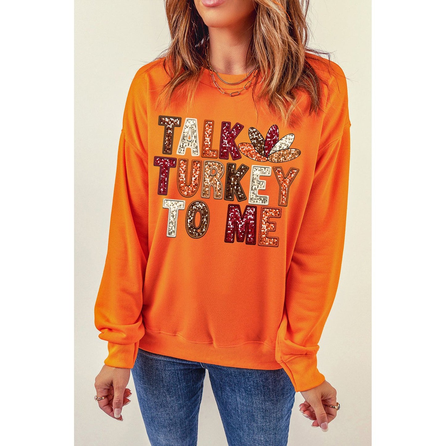 Orange TALK TURKEY TO ME Graphic Thanksgiving Holiday Sweatshirt