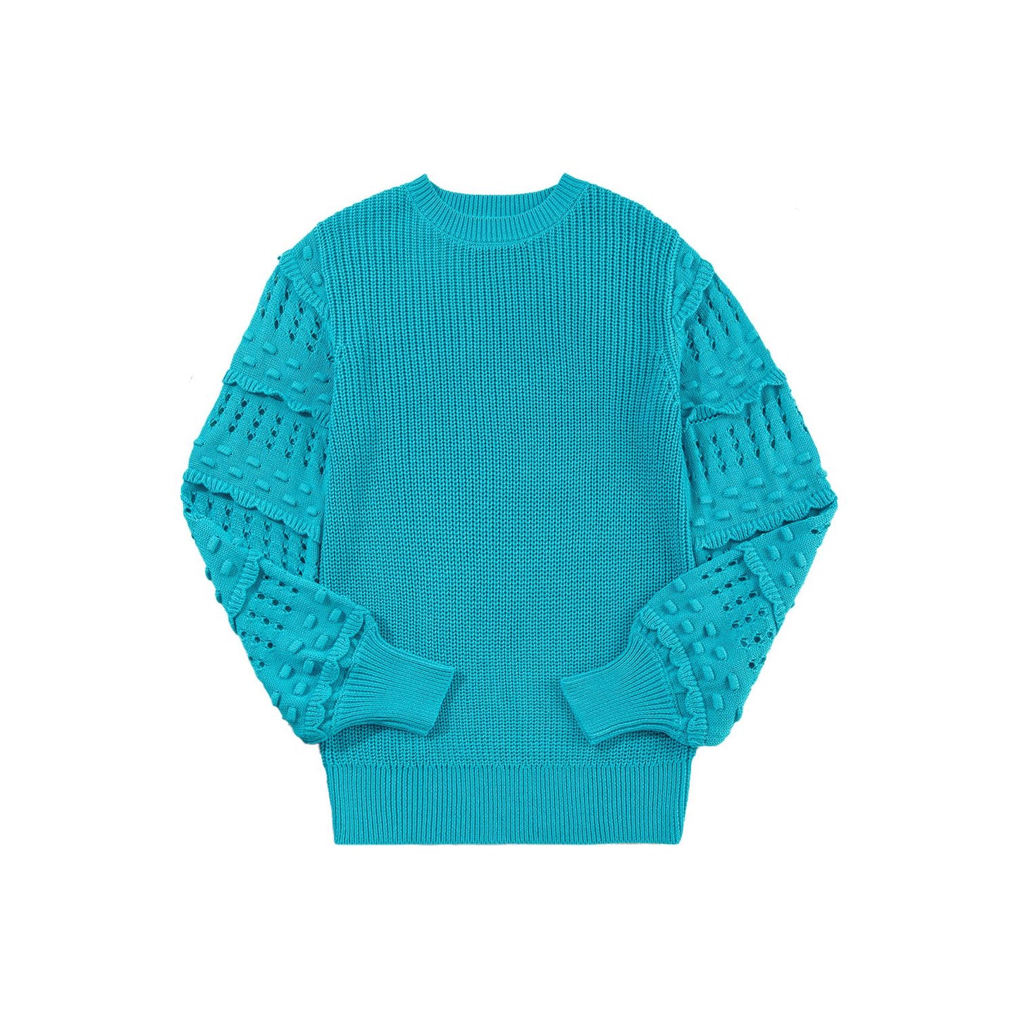 Turquoise Ruffled Eyelet Bubble Sleeve Sweater