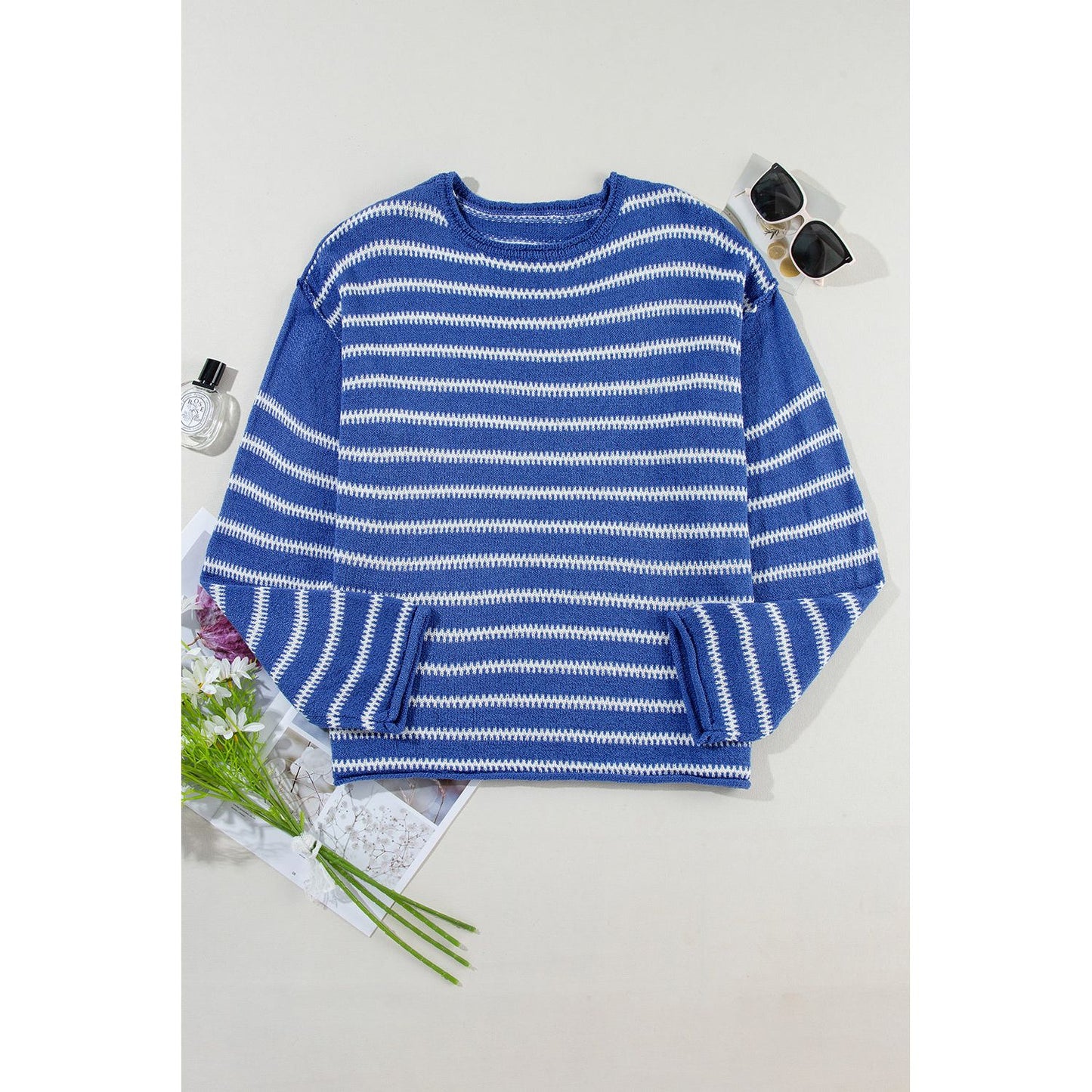 Cozy Season Sky Blue Striped Sweater