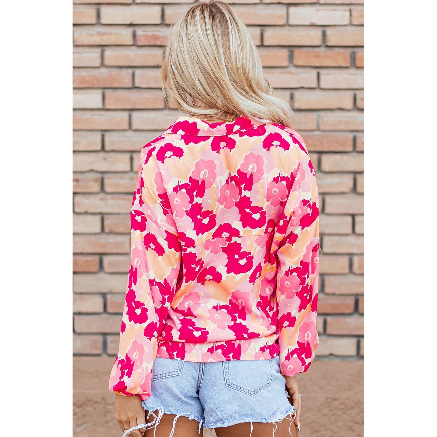 Pink Blooming Floral Print Puff Sleeve Buttoned Blouse