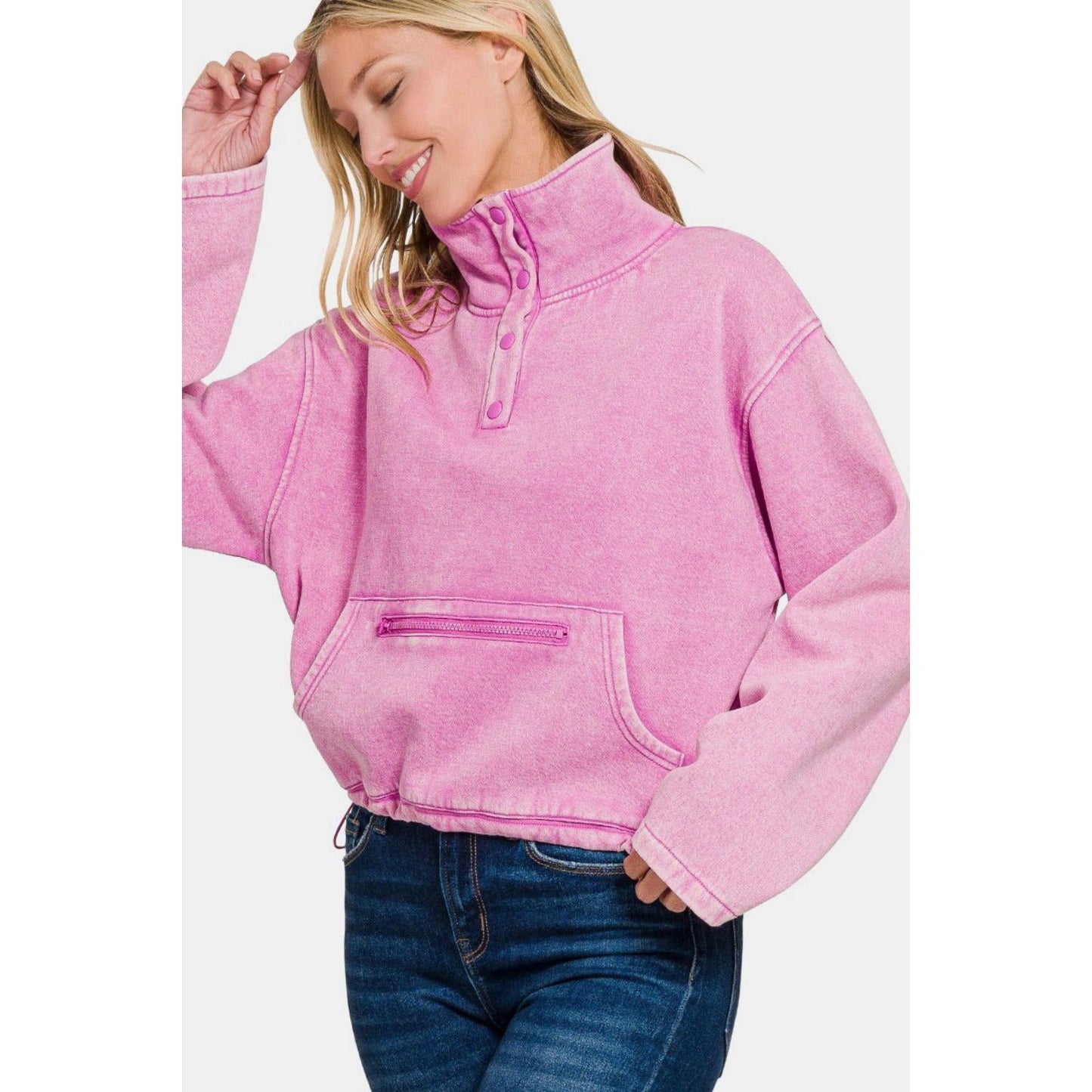 Zenana Acid Wash Fleece Half Snap Sweatshirt with Pocket