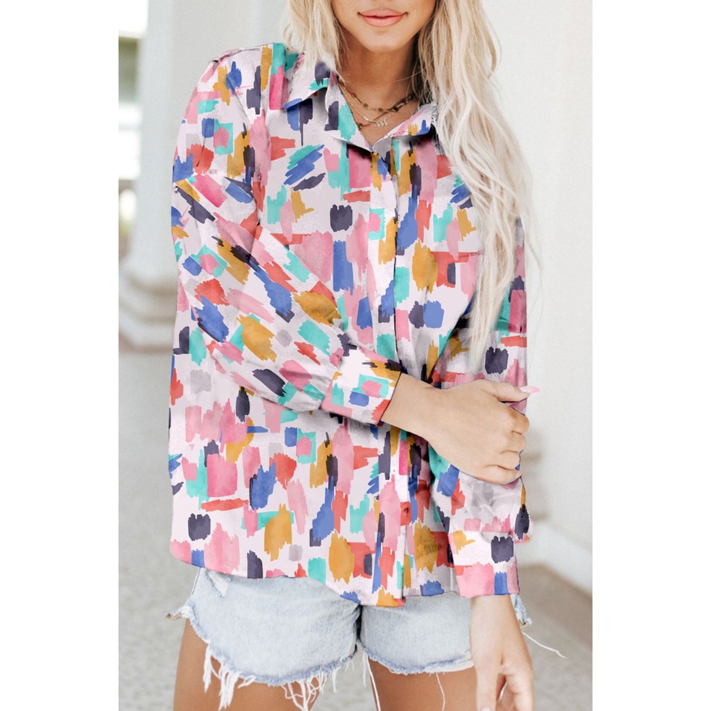 By My Side Printed Button Up Long Sleeve Blouse