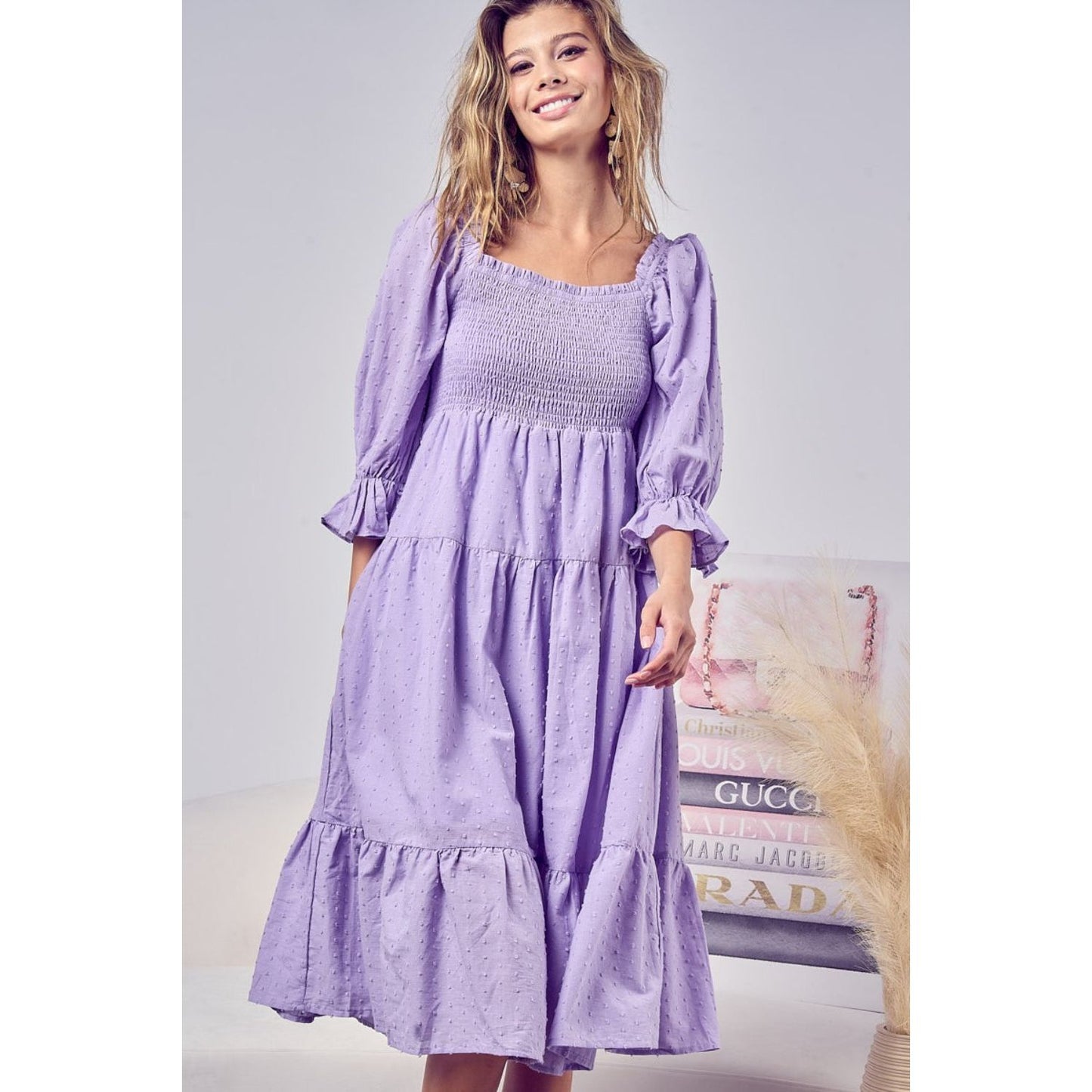 BiBi Swiss Dot Flounce Sleeve Smocked Tiered Midi Dress