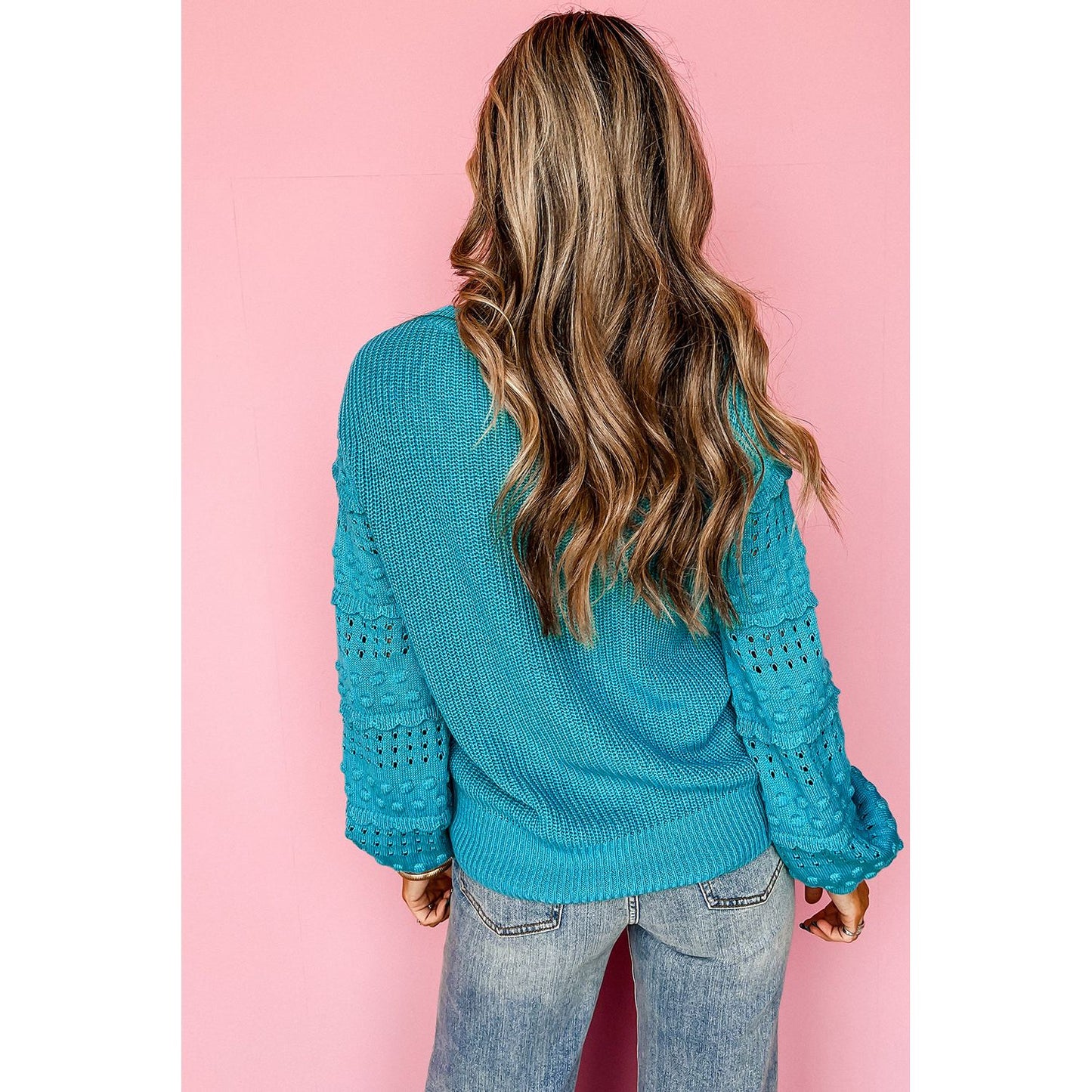 Turquoise Ruffled Eyelet Bubble Sleeve Sweater