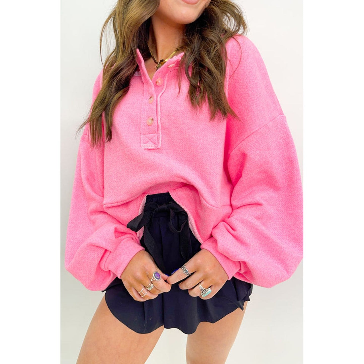 Sachet Pink Plain Drop Sleeve Henley Sweatshirt