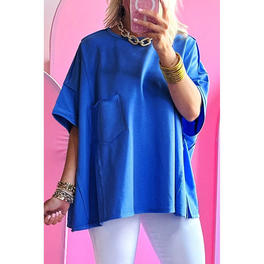 Blue As the Sky Patched Pocket Exposed Seam Oversized Shirt