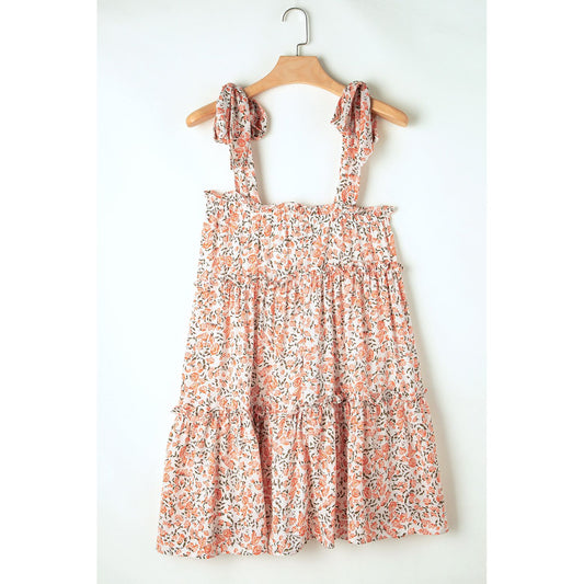 Walk This Way Orange Rose Floral Knotted Straps Tiered Babydoll Dress