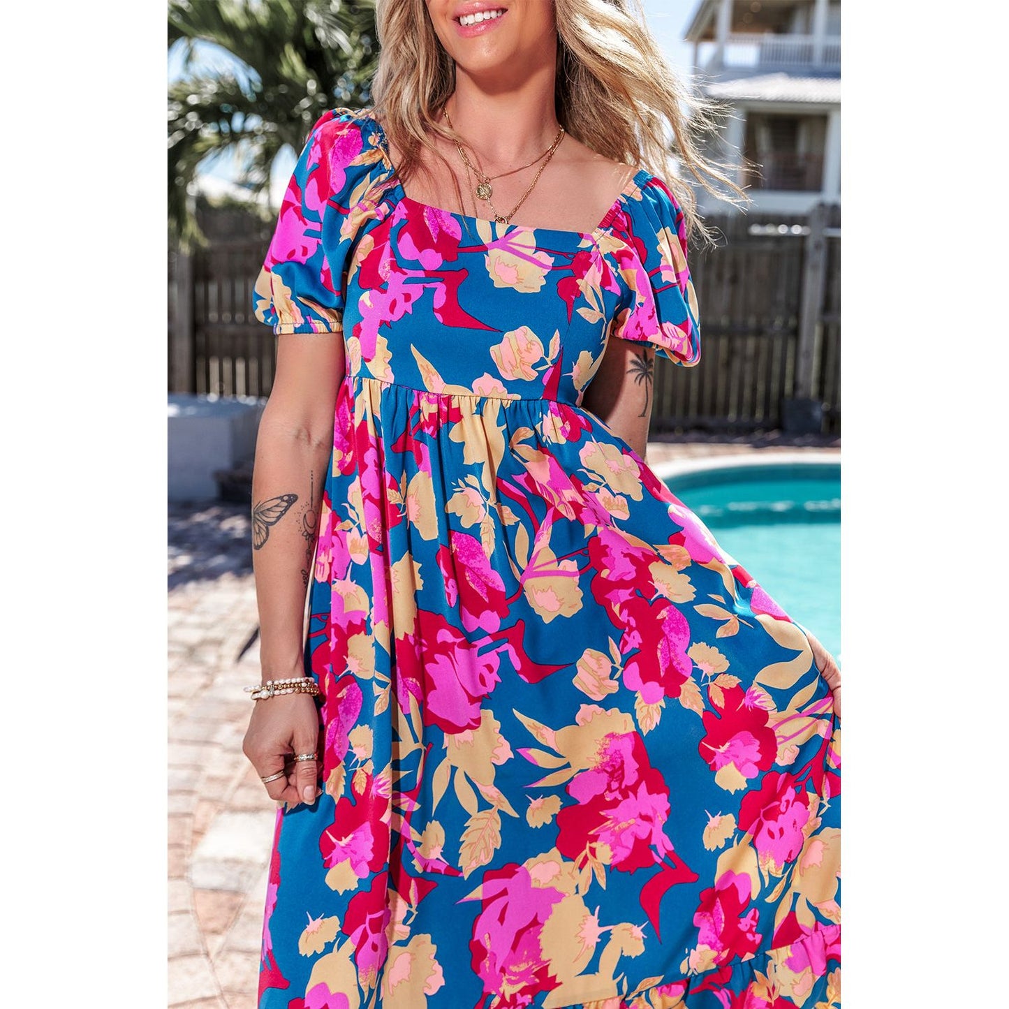 Happier Days Square Neck Bubble Sleeve Ruffled Floral Dress