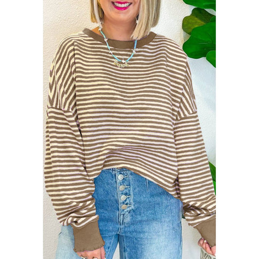 Brown Stripe Drop Shoulder Long Sleeve Top