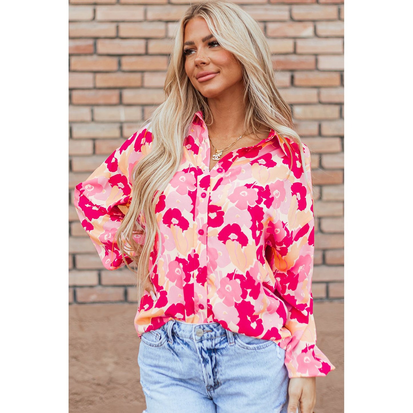 Pink Blooming Floral Print Puff Sleeve Buttoned Blouse