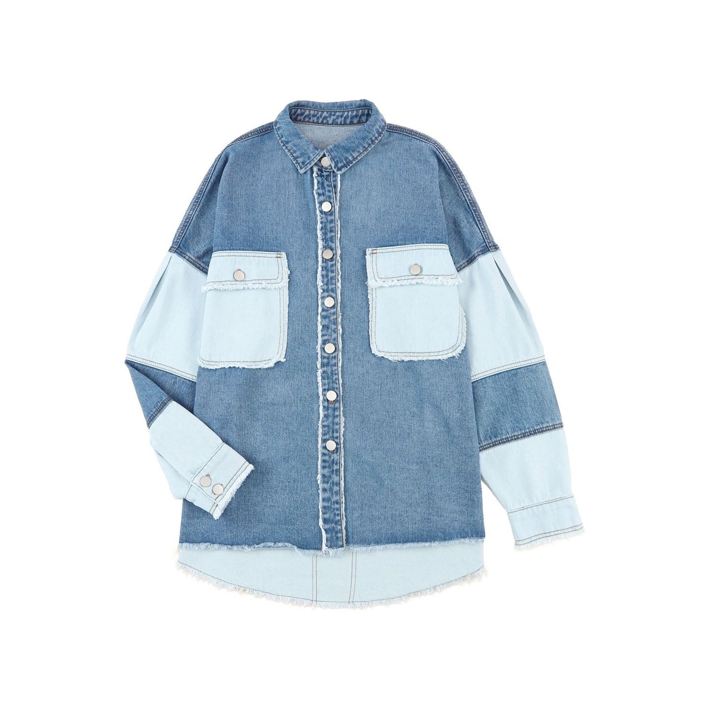 Dark Blue Patchwork Raw Hem Oversized Denim Shacket