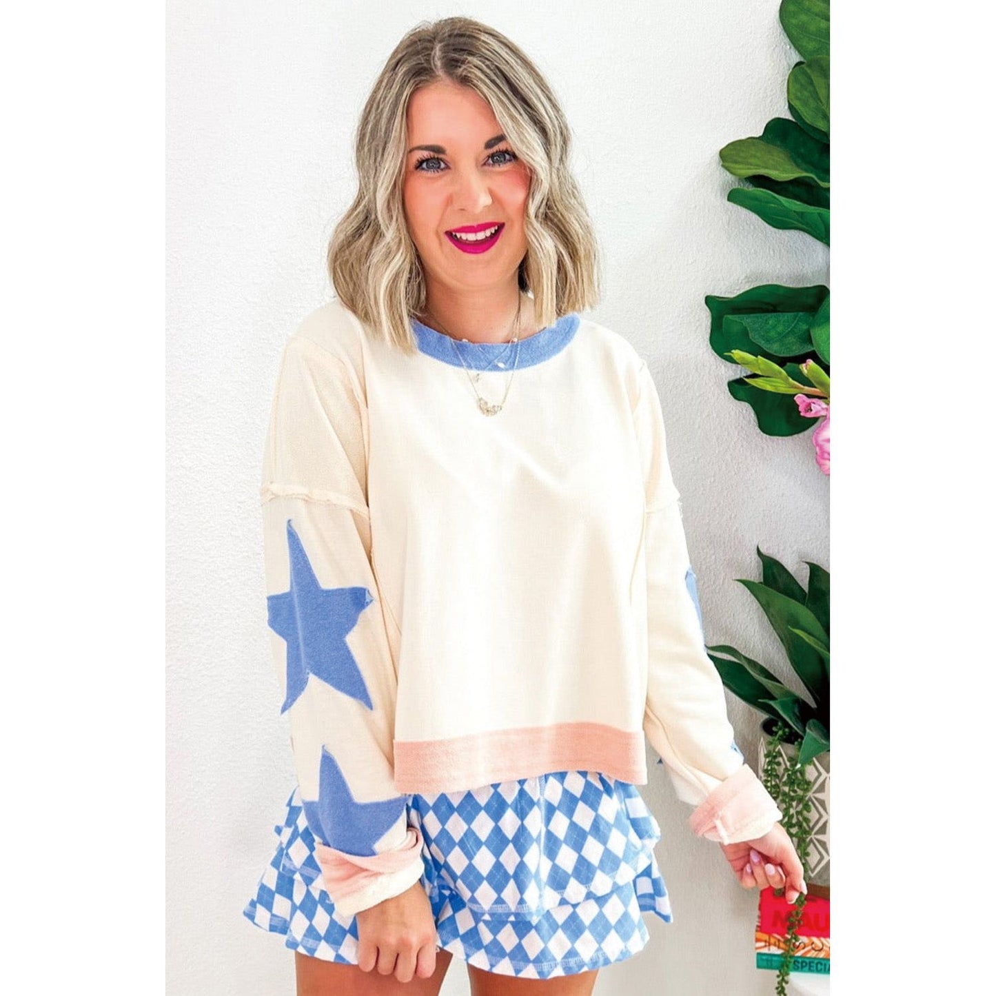 Beige Star Patchwork Exposed Seam Oversized Sweatshirt