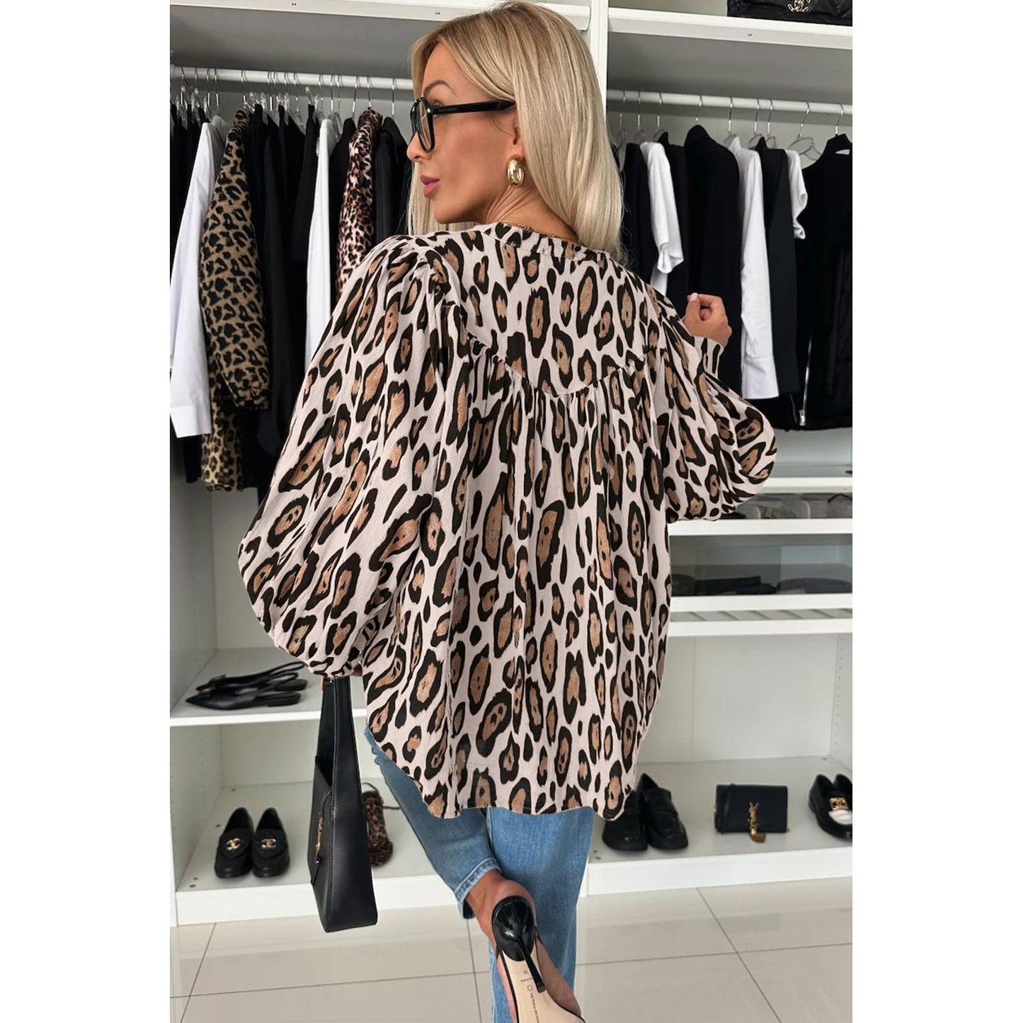 Jet Stream Leopard Print Balloon Sleeve Loose Blouse