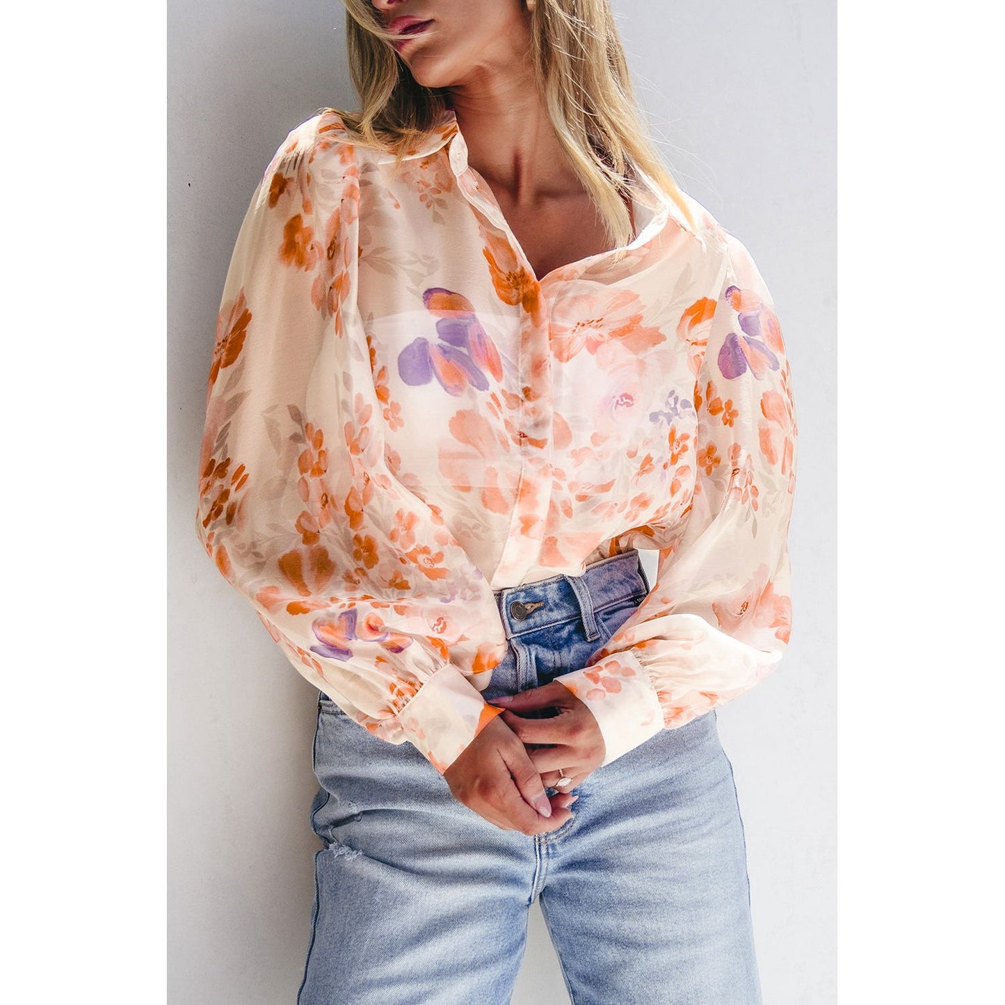 White Floral Print Collared Balloon Sleeve Blouse