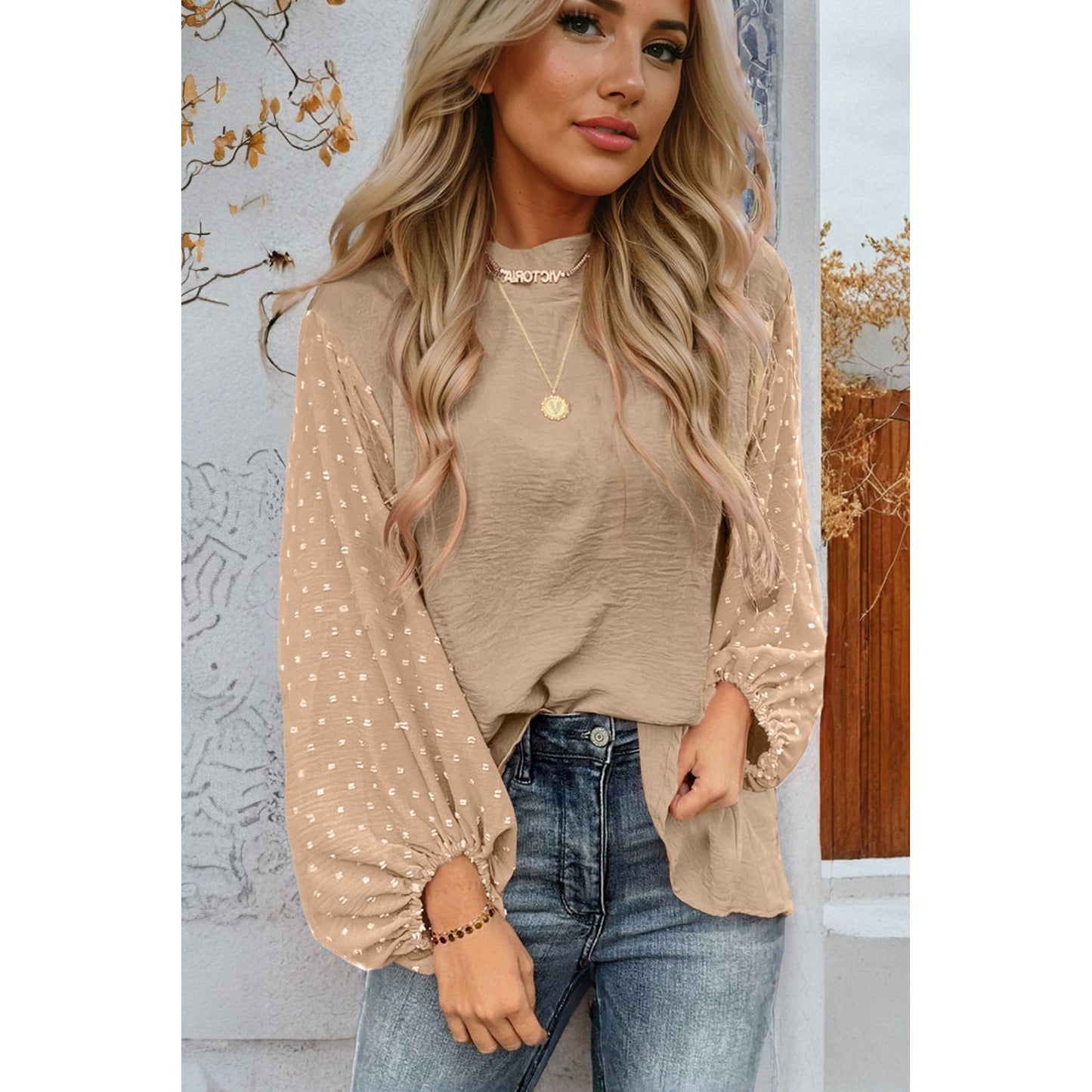 Coffee Shop Swiss Dot Balloon Sleeve Loose Fit Blouse