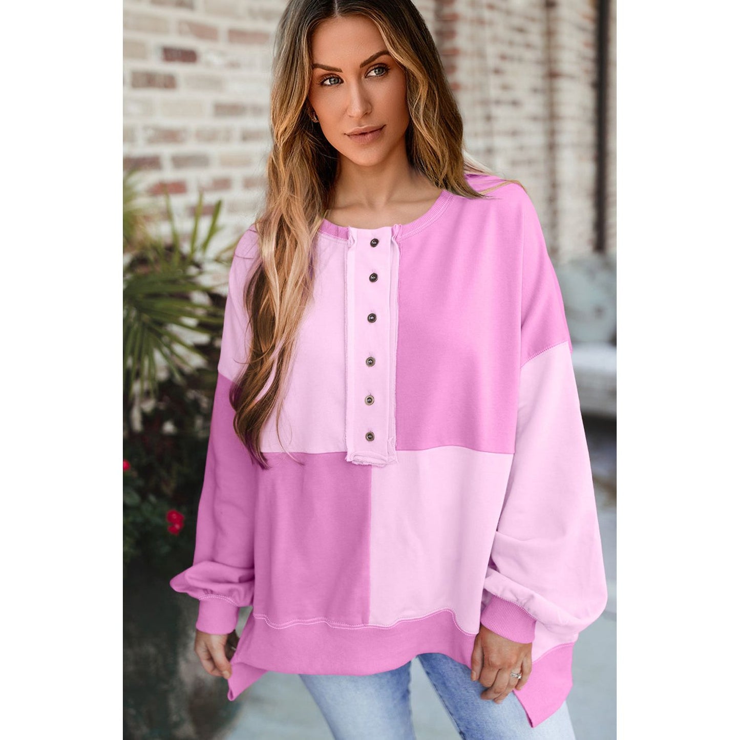 By the Fire Pink Colorblock Henley High Low Pullover