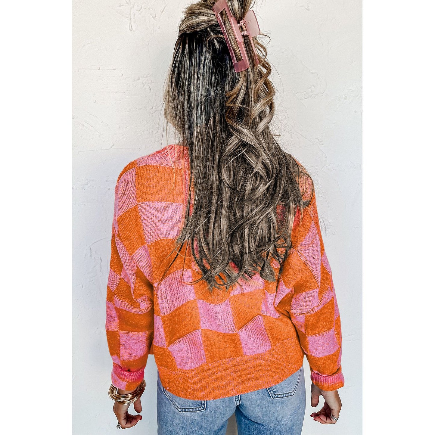 Pink Checkered Drop Shoulder Buttoned V Neck Cardigan