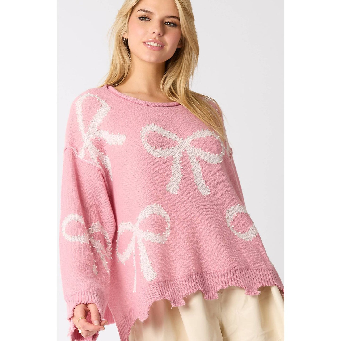 Pink Bow Pattern Pearl Embellished Raw Hem Sweater