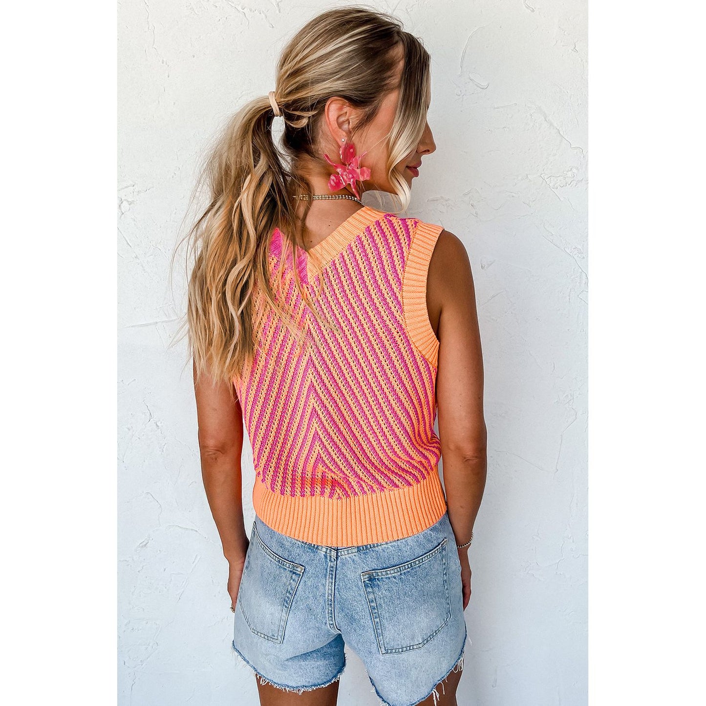 Picking Strawberries Pink Contrast Knit V Neck Sweater Vest