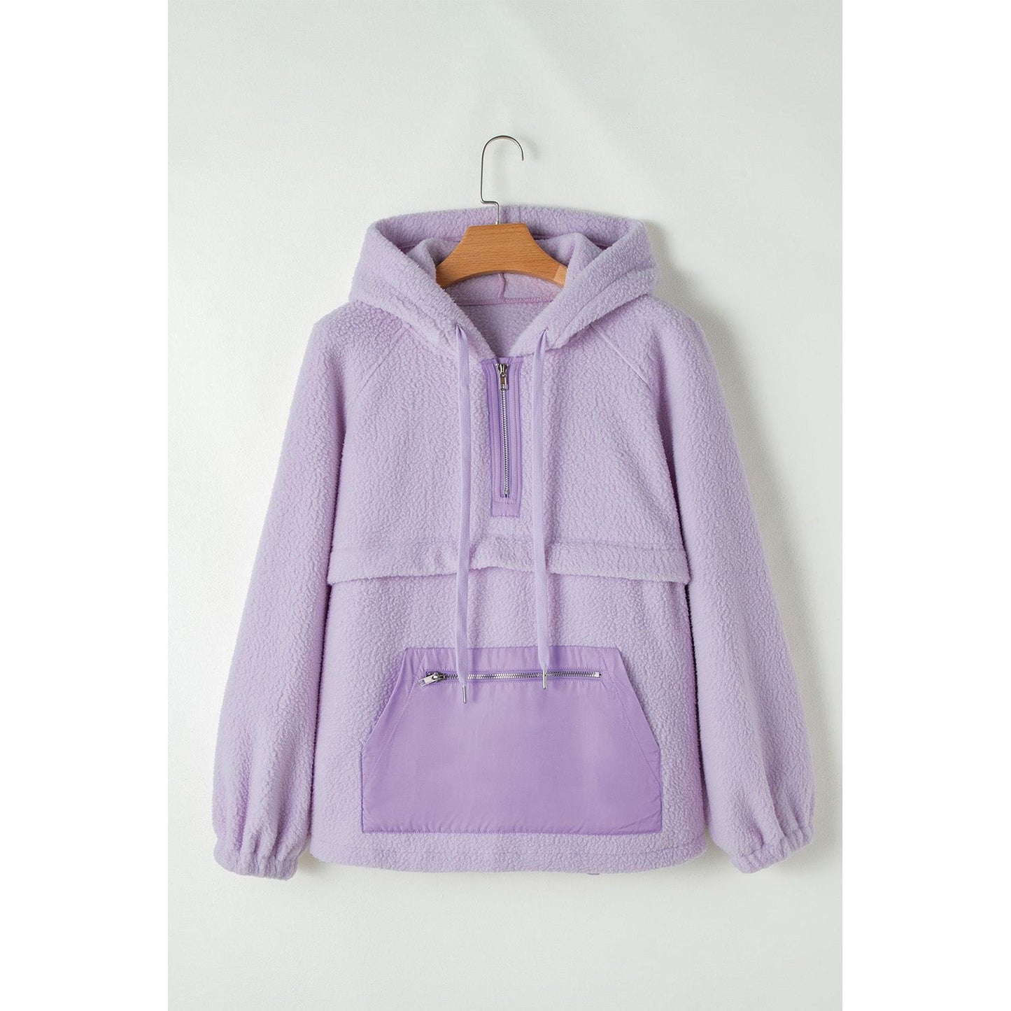 Lavender Fields Half Zip Patch Pocket Drawstring Hoodie