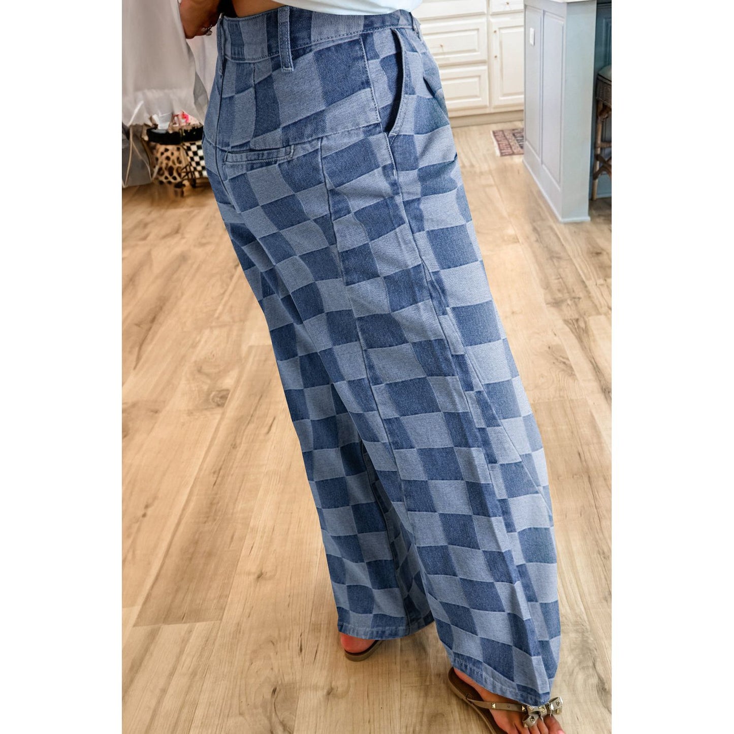 Dusk Blue Checkered Light Washed Wide Leg Jeans