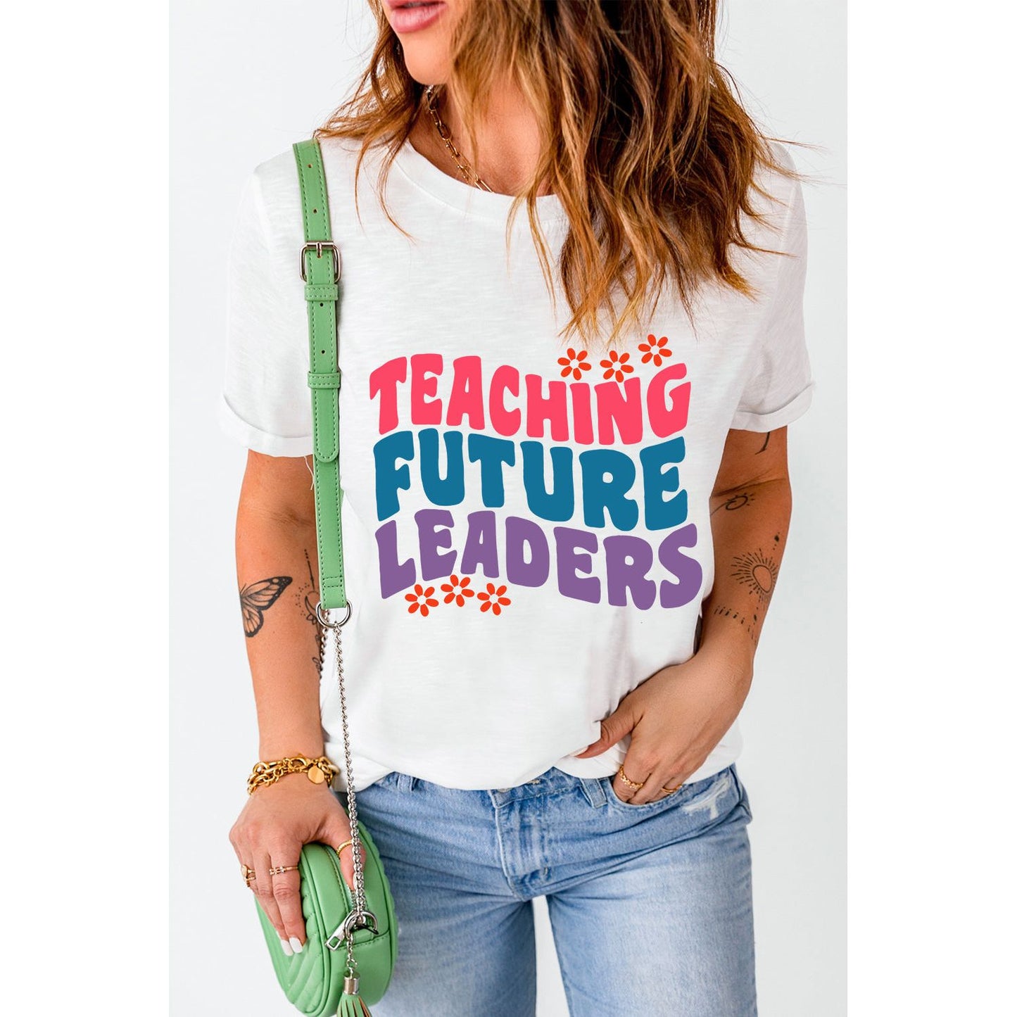 White TEACHING FUTURE LEADERS Floral Graphic Crewneck T Shirt