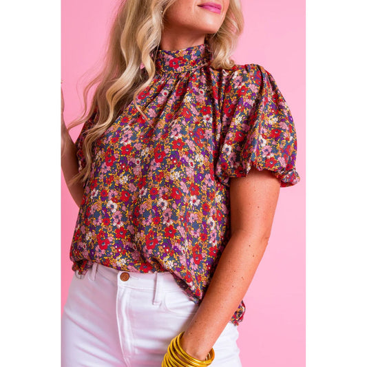 Spring Forward Floral Print Knotted High Neck Puff Sleeve Blouse