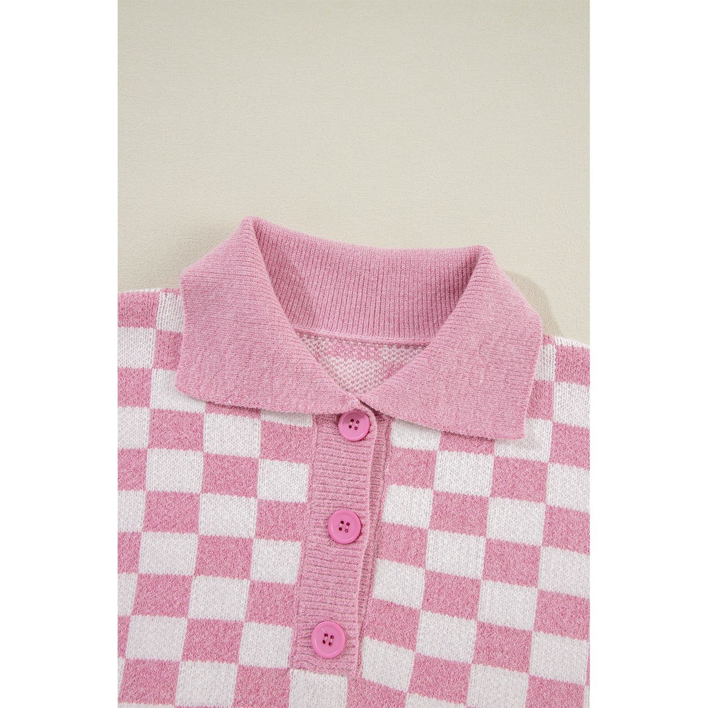 Fool Me Once Pink Checkered Buttoned V Neck Sweater