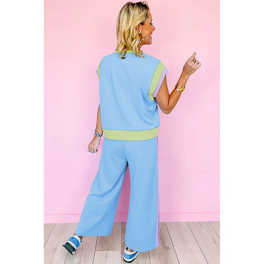 Ready To Go Sky Blue Color Block Detail Casual Two-piece Outfit