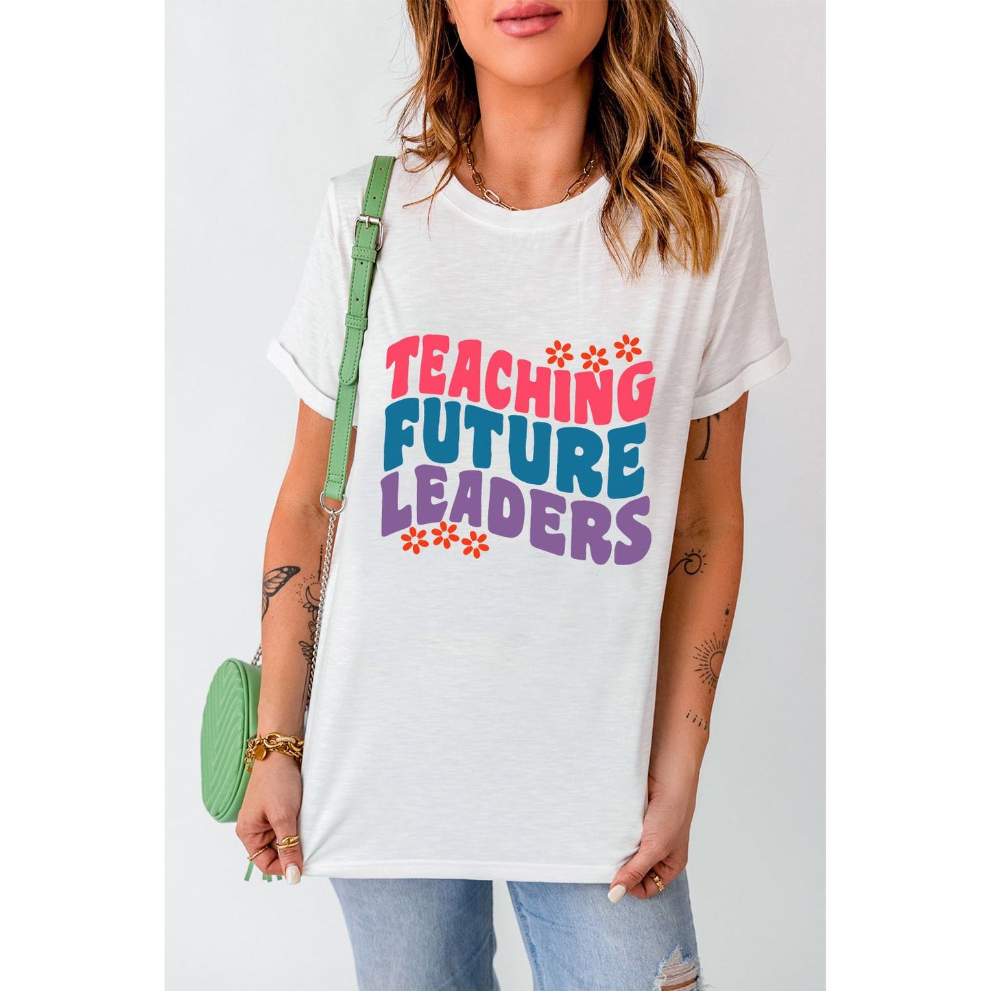 White TEACHING FUTURE LEADERS Floral Graphic Crewneck T Shirt