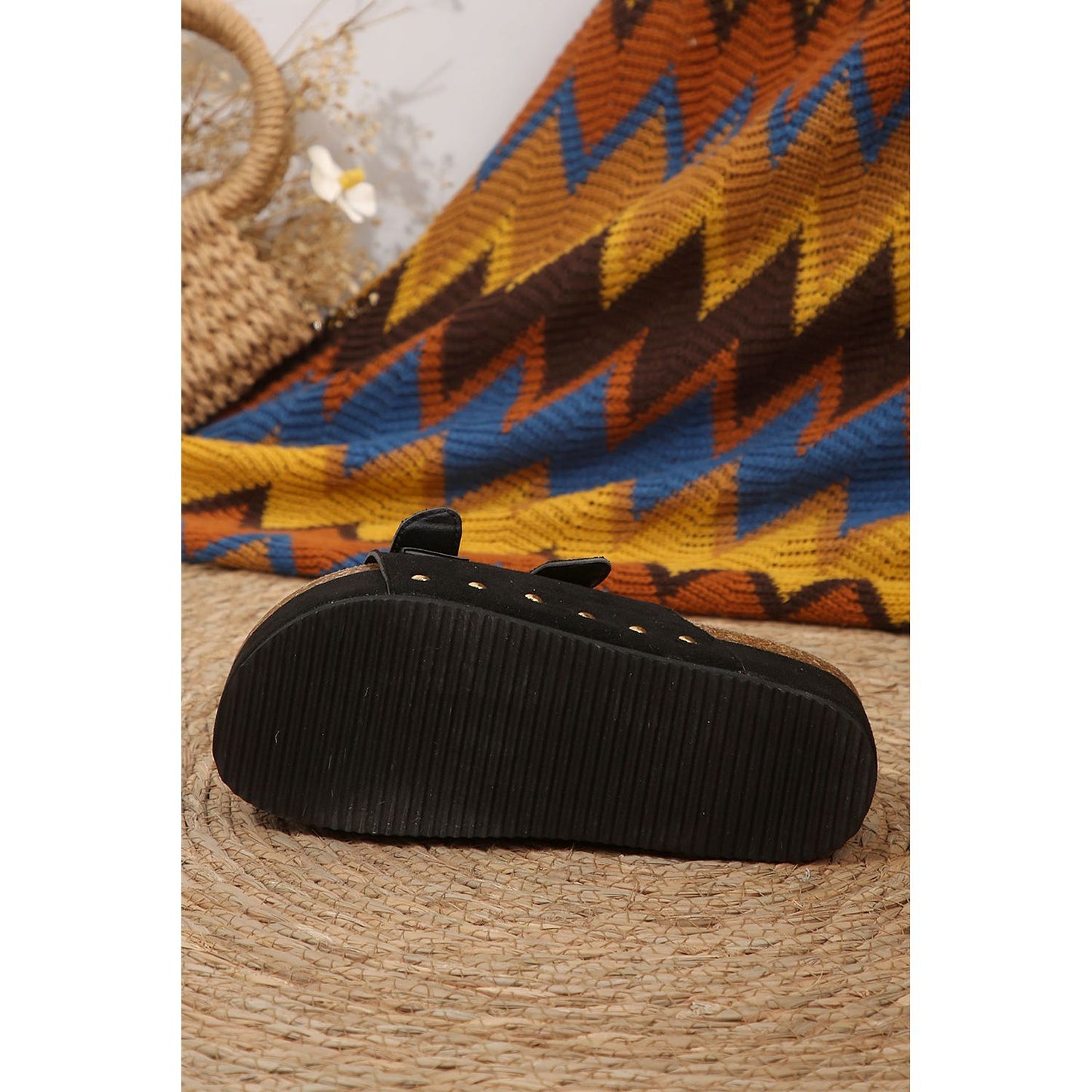 Black Suede Buckle Decor Footbed Sandal Slippers