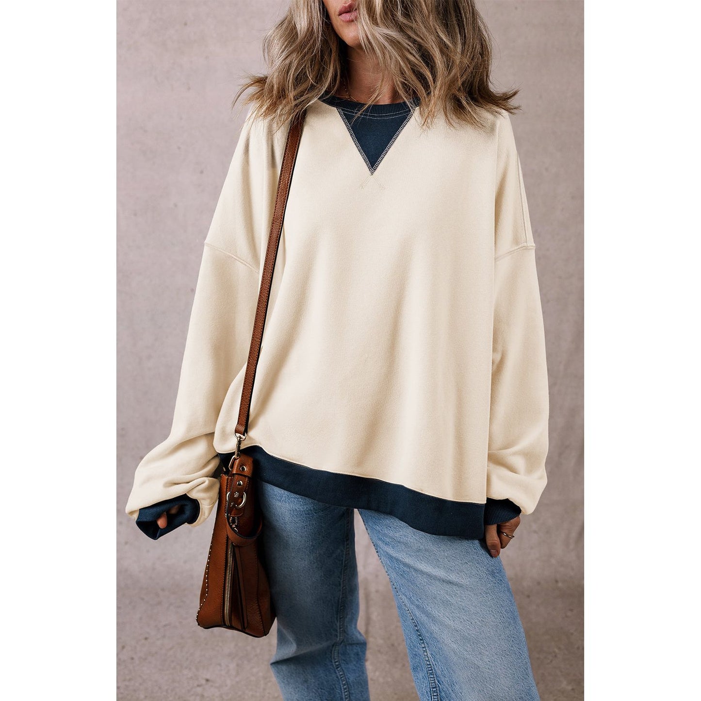 Rainy Days White Color Block Patch Oversized Pullover