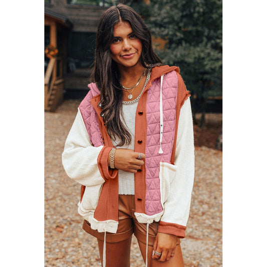 Happiest With You Coral Quilted Loose Fit Hooded Jacket