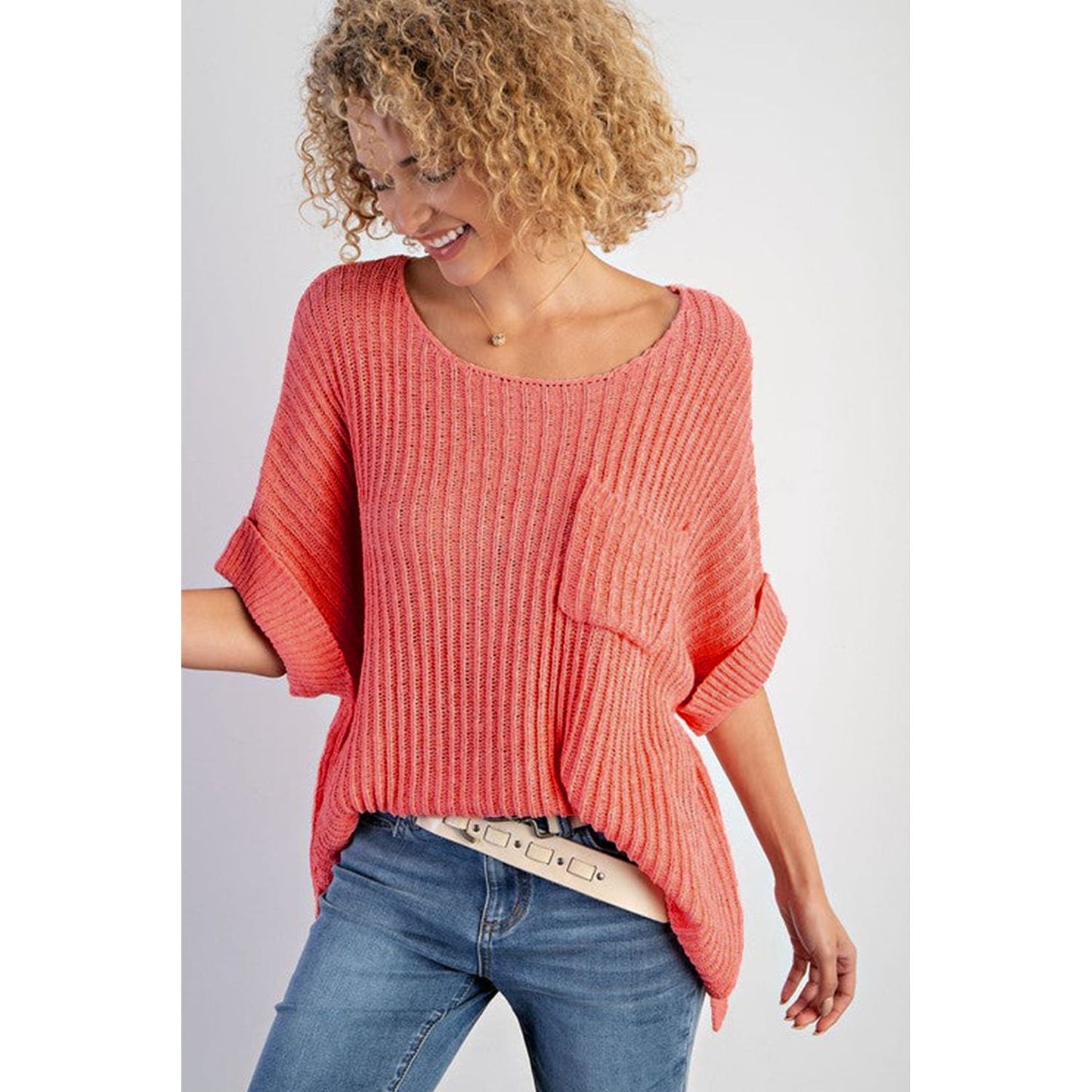 Love You Always Rolled Cuffs Loose Knit Tee with Slits