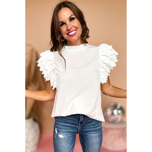 In the Clouds White Scalloped Ruffle Sleeve Top