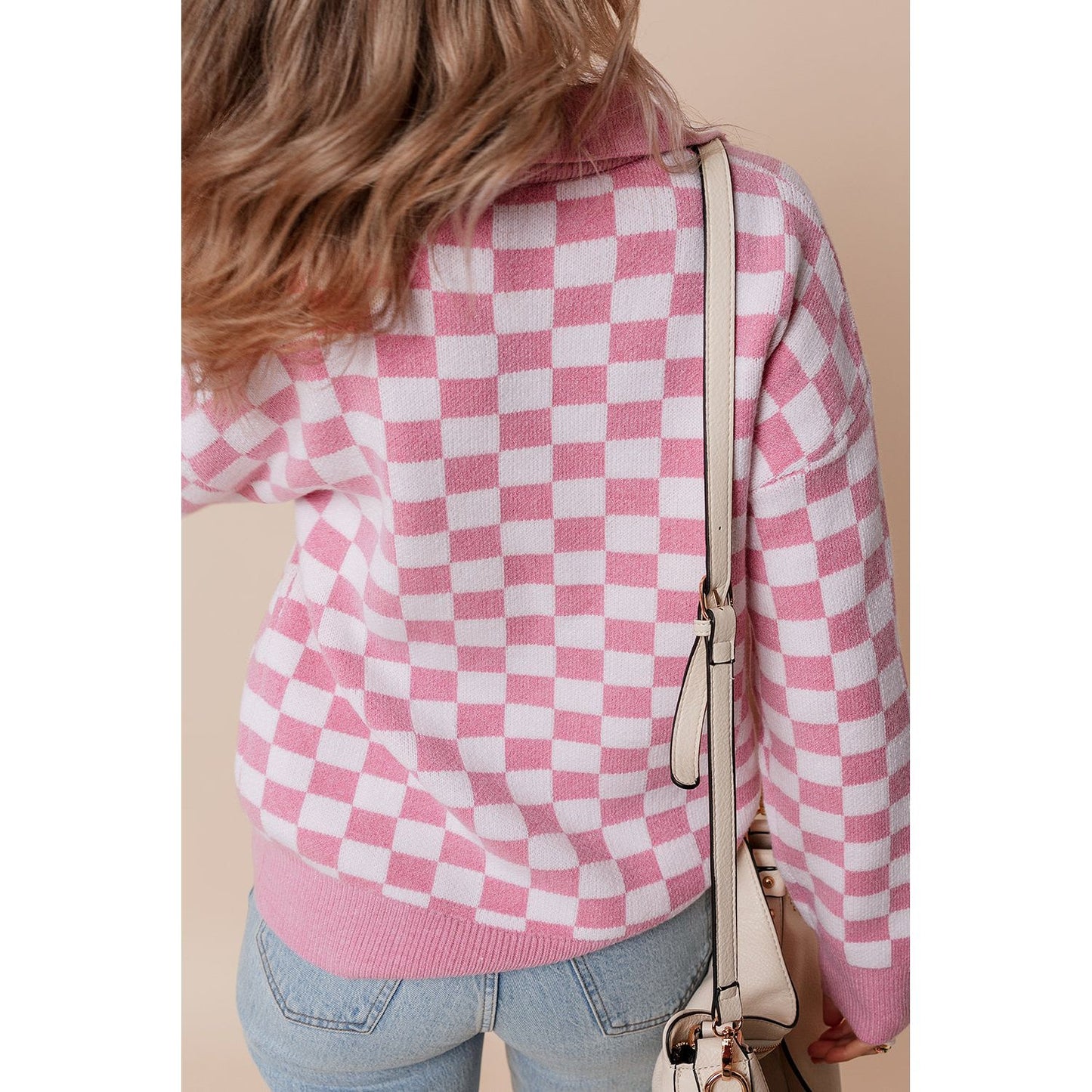 Fool Me Once Pink Checkered Buttoned V Neck Sweater