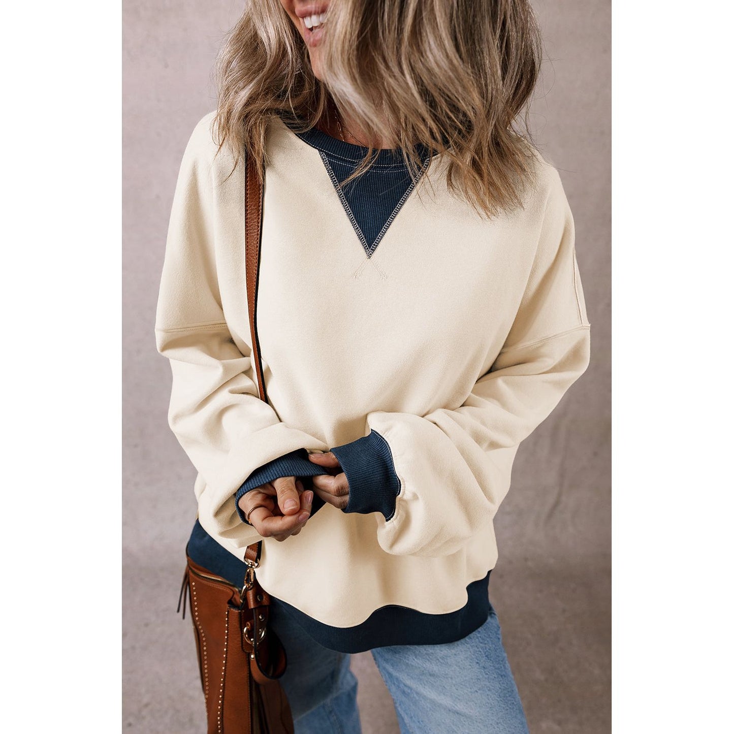 Rainy Days White Color Block Patch Oversized Pullover