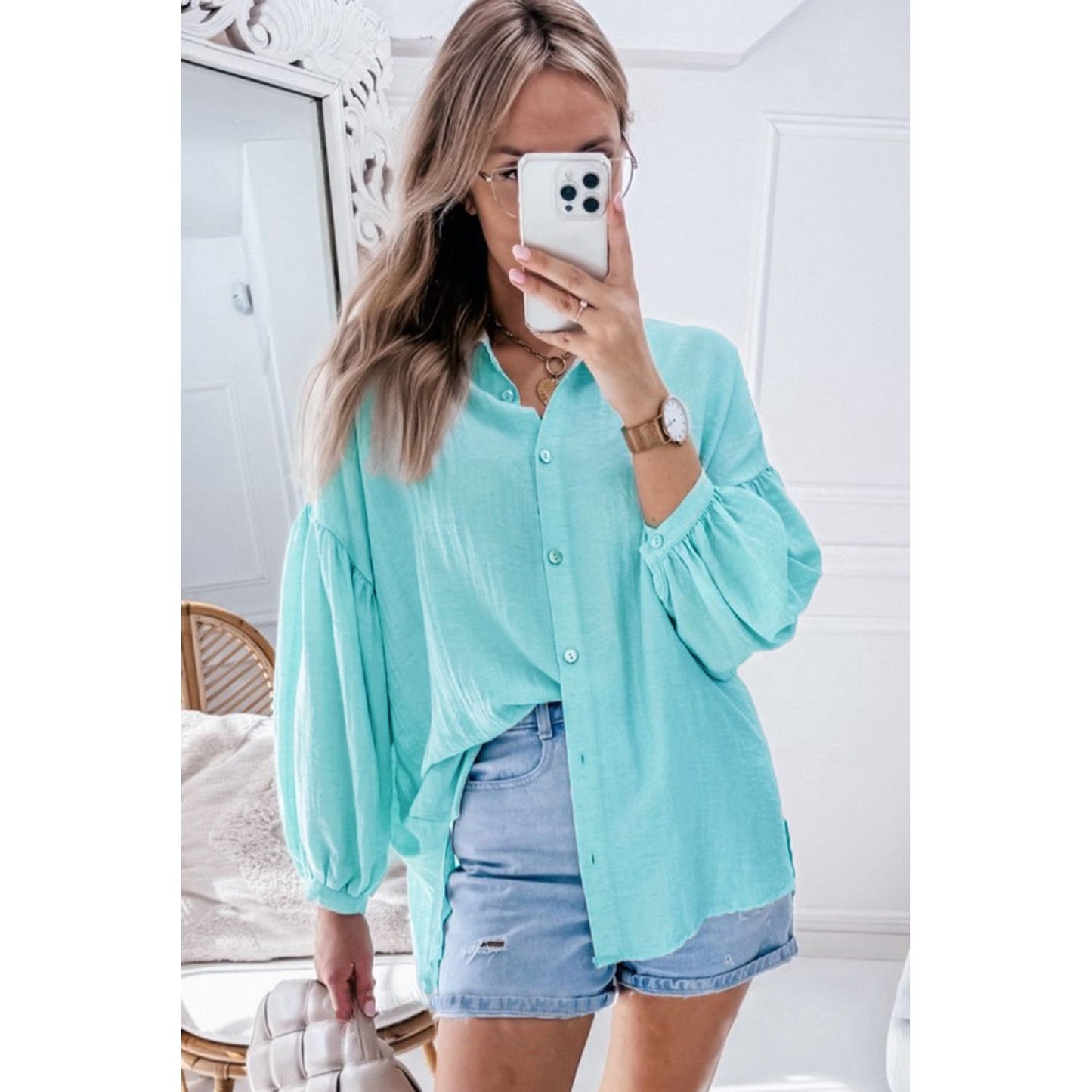 Iceland Blue Solid Puff Sleeve Loose Fit Buttoned Shirt