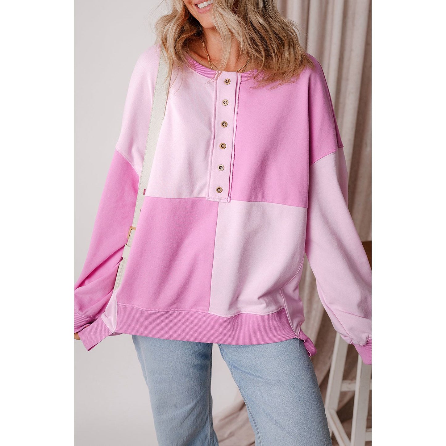 By the Fire Pink Colorblock Henley High Low Pullover