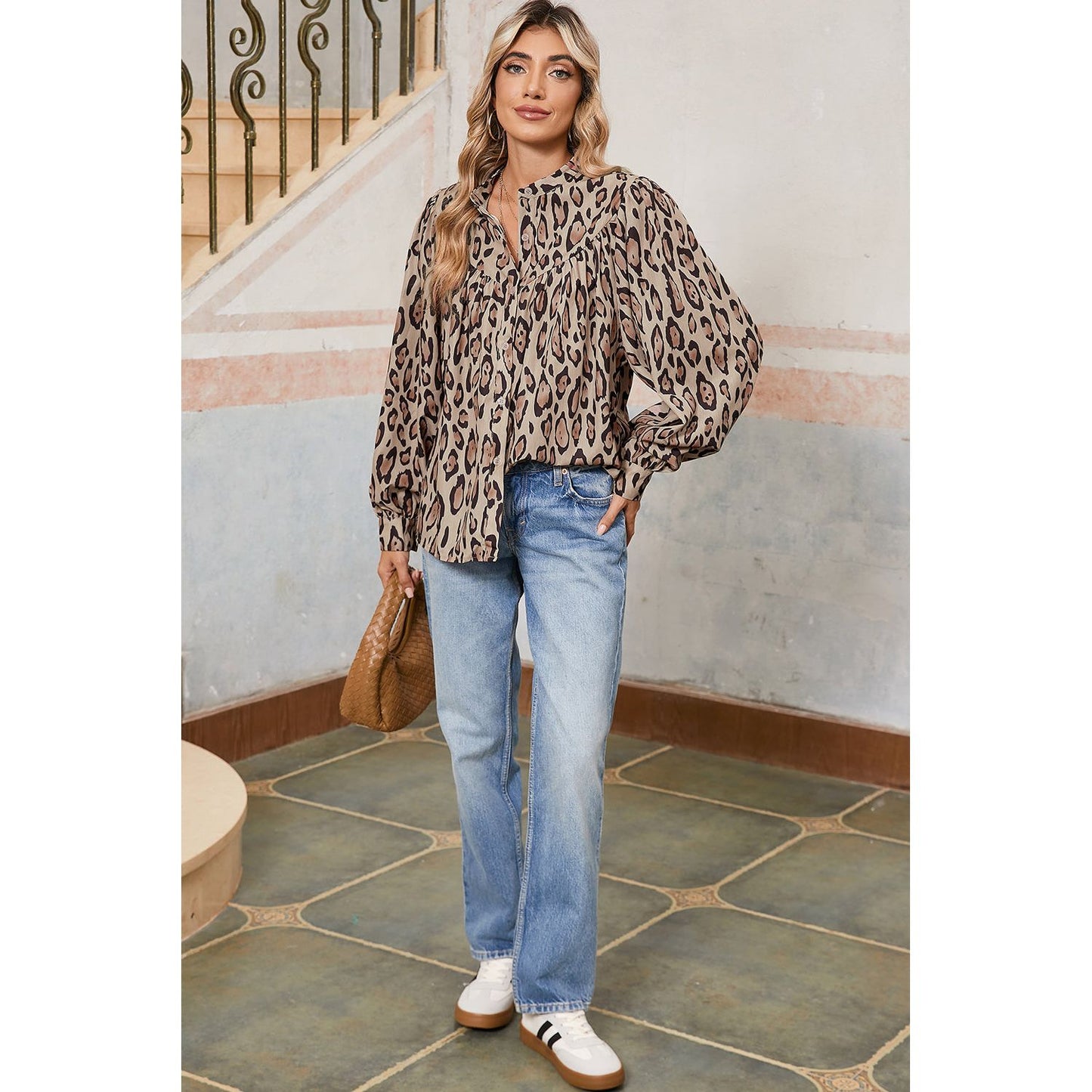 Jet Stream Leopard Print Balloon Sleeve Loose Blouse