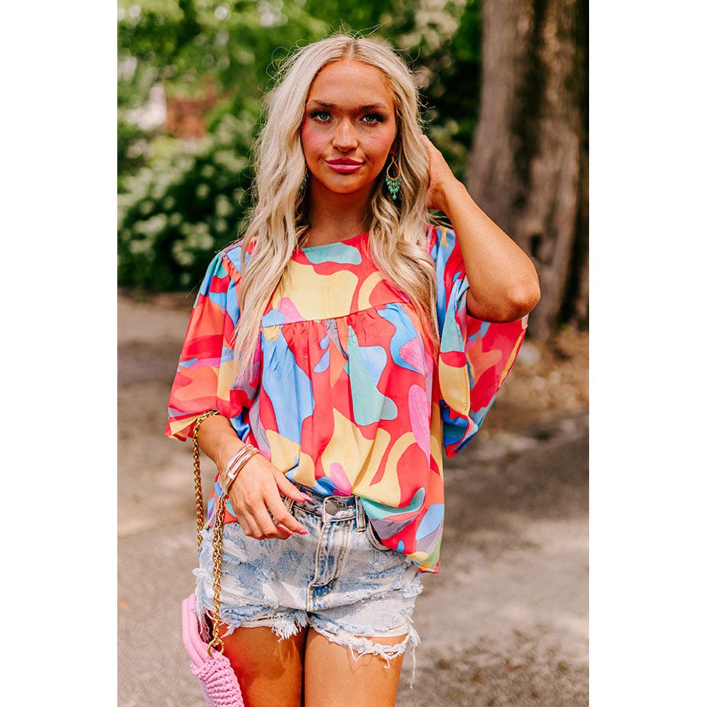 Happy Days Abstract Pattern Wide Sleeve Blouse