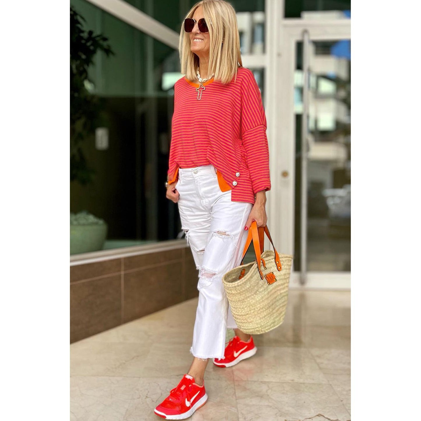 Red Lipstick Two Tone Striped Side Button Top