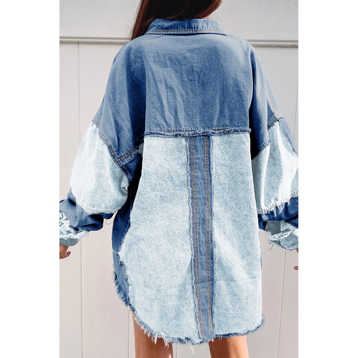 Dark Blue Patchwork Raw Hem Oversized Denim Shacket