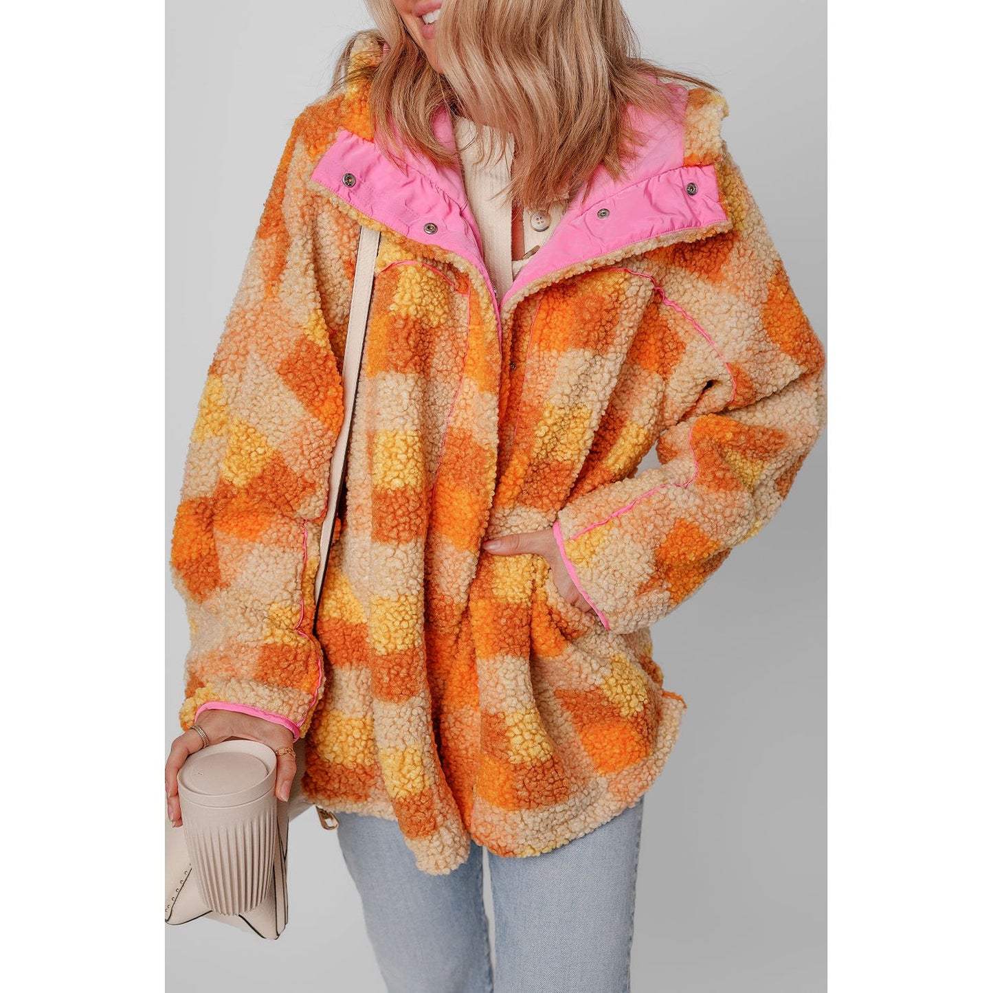 Orange Checkered Sherpa Hooded Jacket