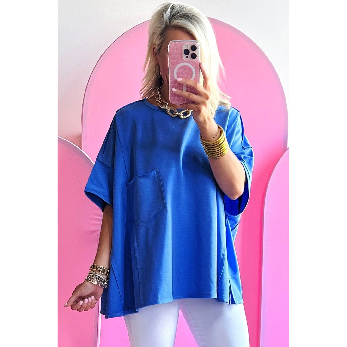 Blue As the Sky Patched Pocket Exposed Seam Oversized Shirt