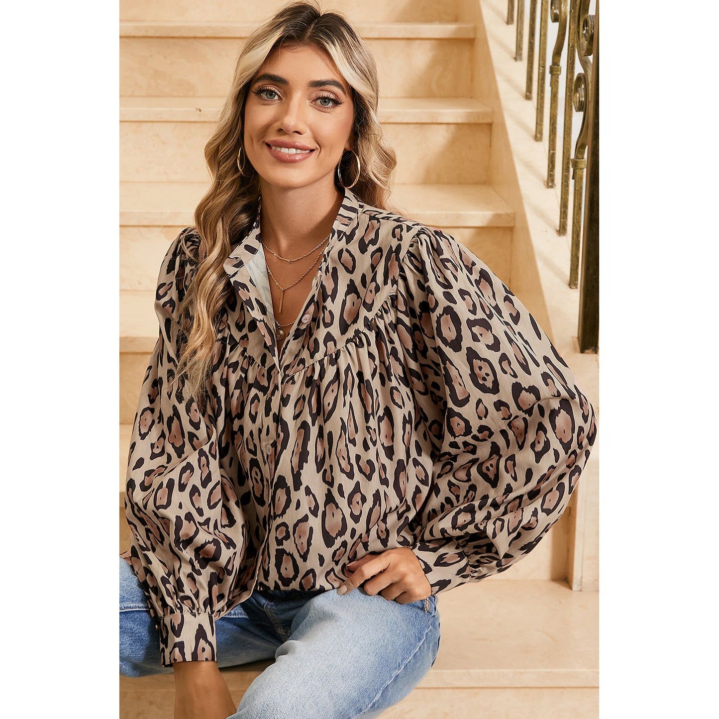 Jet Stream Leopard Print Balloon Sleeve Loose Blouse