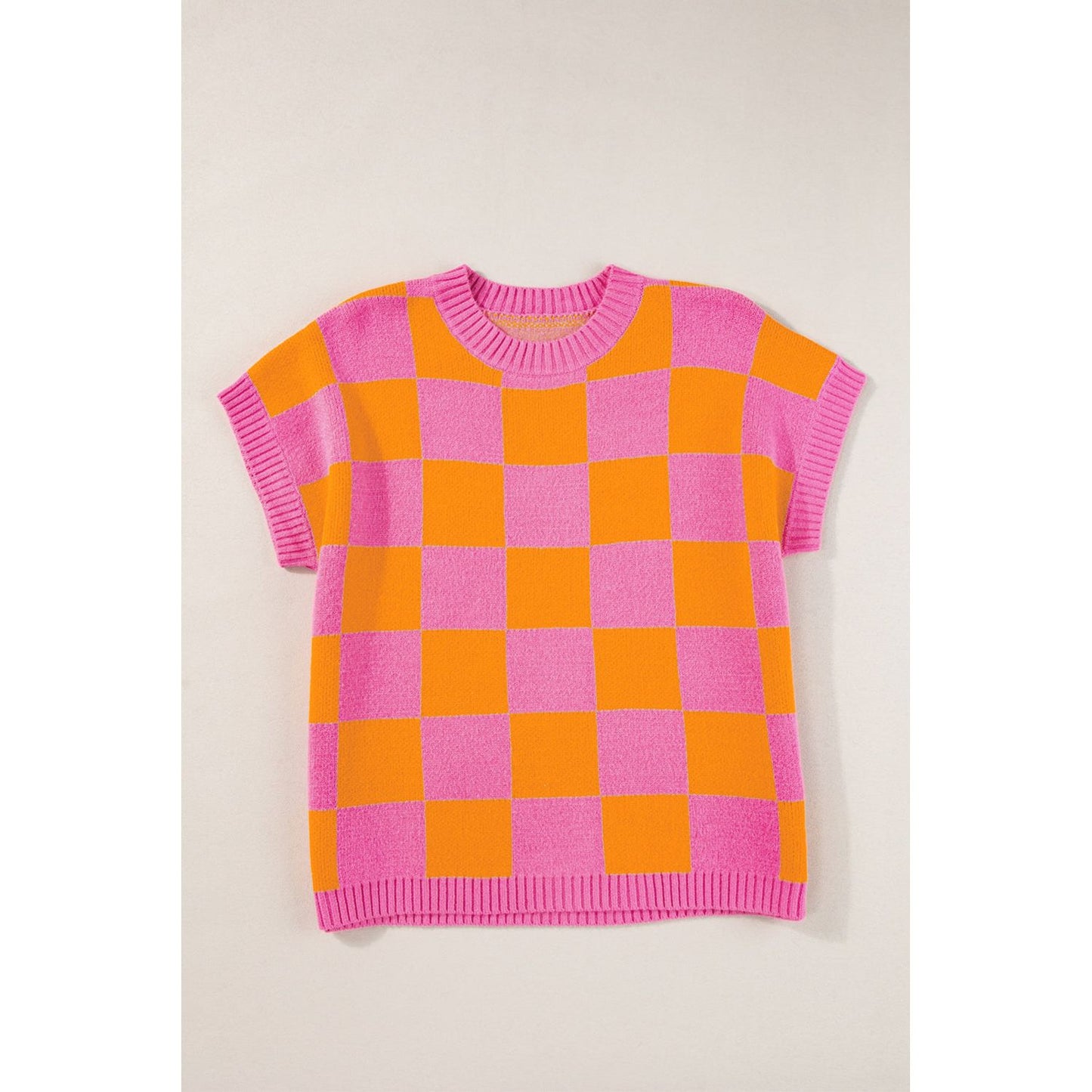 Strawberry Pink Colorblock Plaid Pattern Ribbed Trim Sweater Tank Top