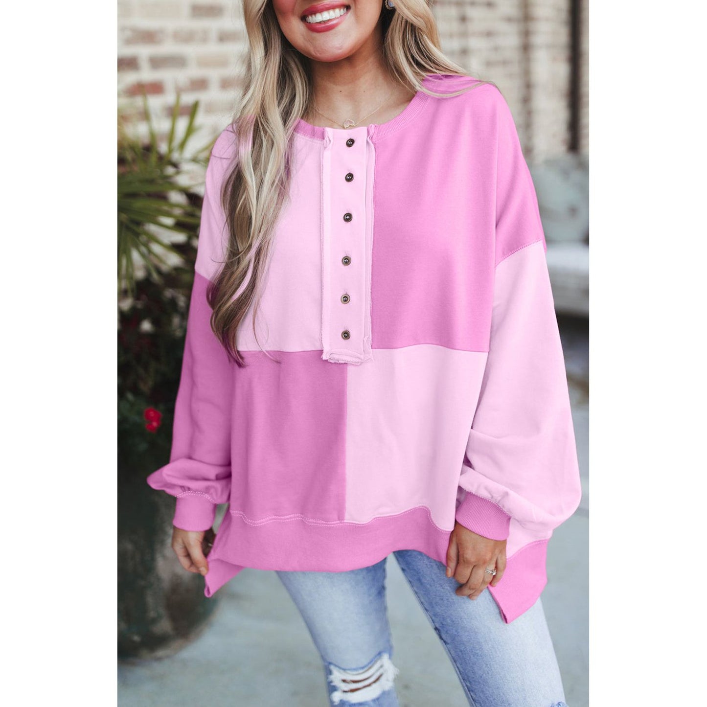 By the Fire Pink Colorblock Henley High Low Pullover