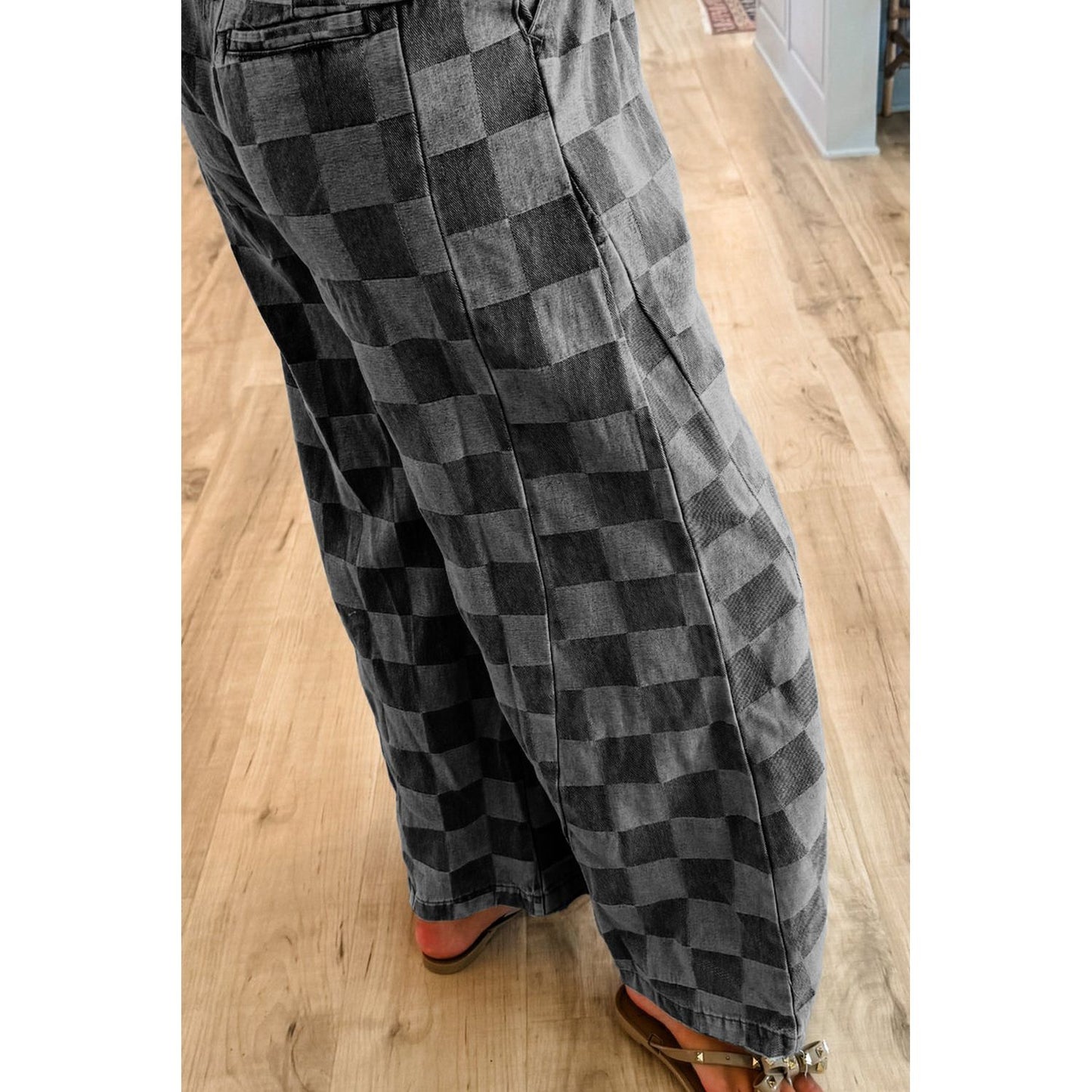 Dusk Blue Checkered Light Washed Wide Leg Jeans